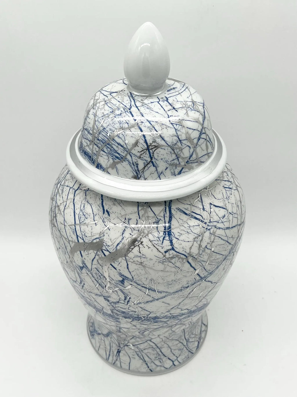 18'' White with Blue & Silver lines Ginger Jar  - 18'' Tinaja Blanco con líneas azules y plateadas