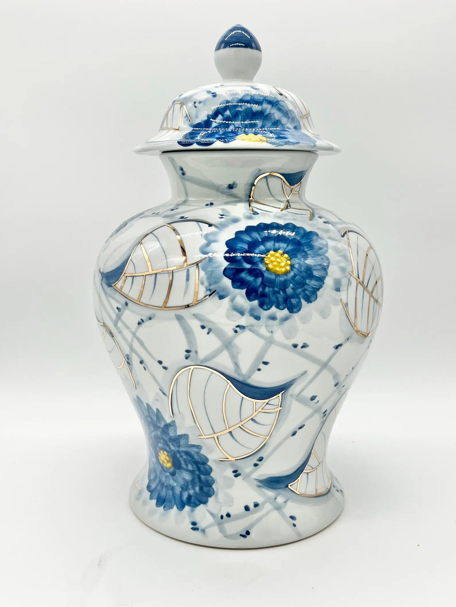 White & Blue 16'' Tinaja with Gold for Olokun / Yemaya