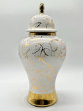 White Ginger Jar with Gold Marble Design / Tinaja blanca con diseño mármol dorado
