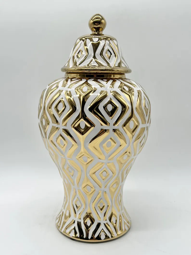 Oshun Gold & White Patterns Ceramic Jar / Tinaja de Cerámica Oshun Oro y Blanco