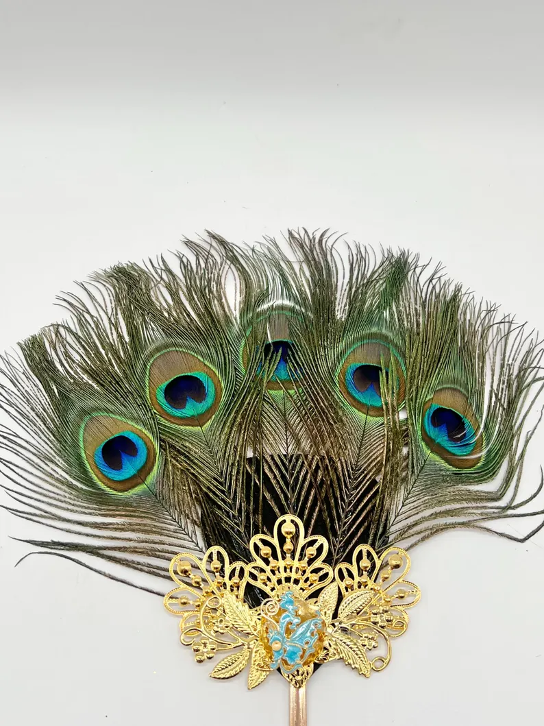 Oshun Peacock Feather Elegant Fan 13” / Abanico Elegante de Oshun 13”