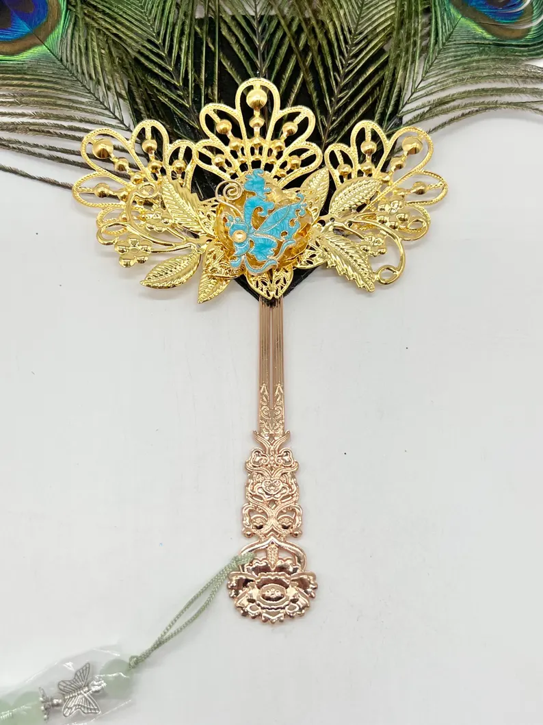 Oshun Peacock Feather Elegant Fan 13” / Abanico Elegante de Oshun 13”