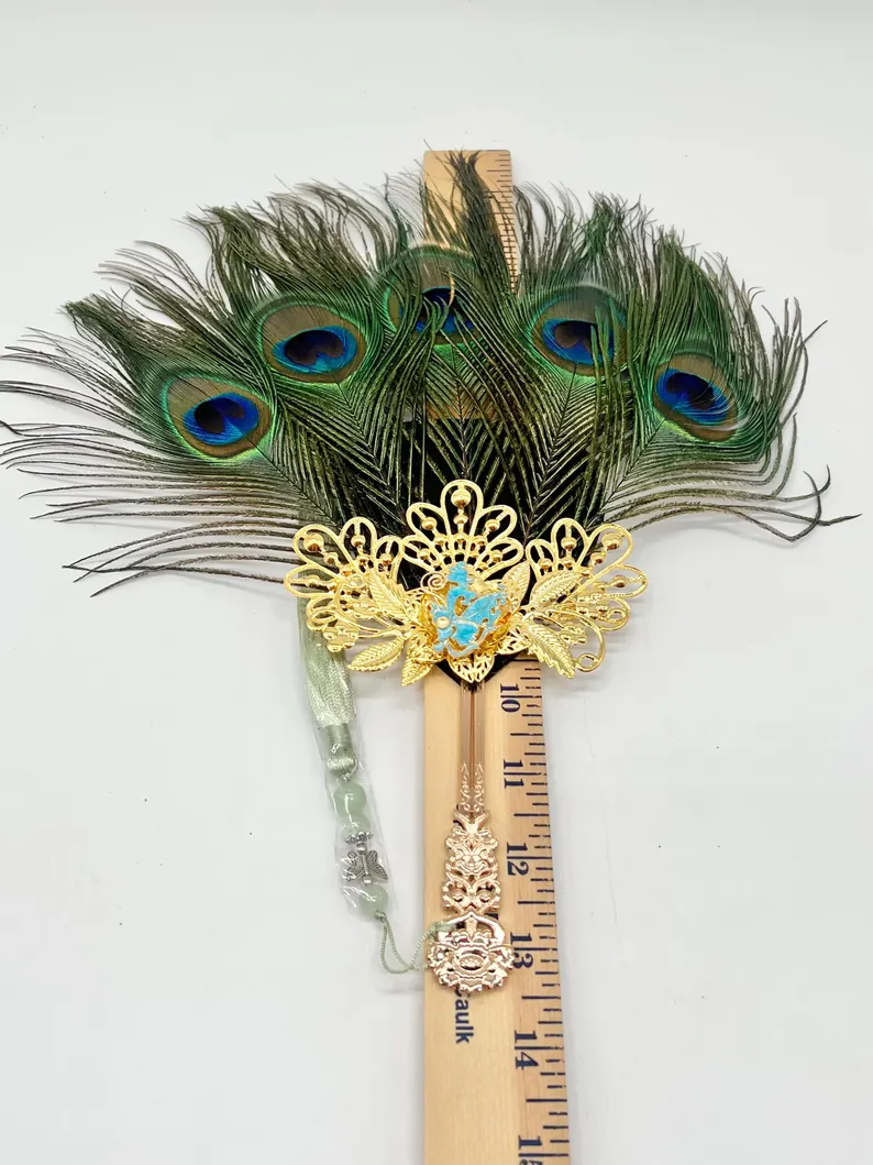 Oshun Peacock Feather Elegant Fan 13” / Abanico Elegante de Oshun 13”