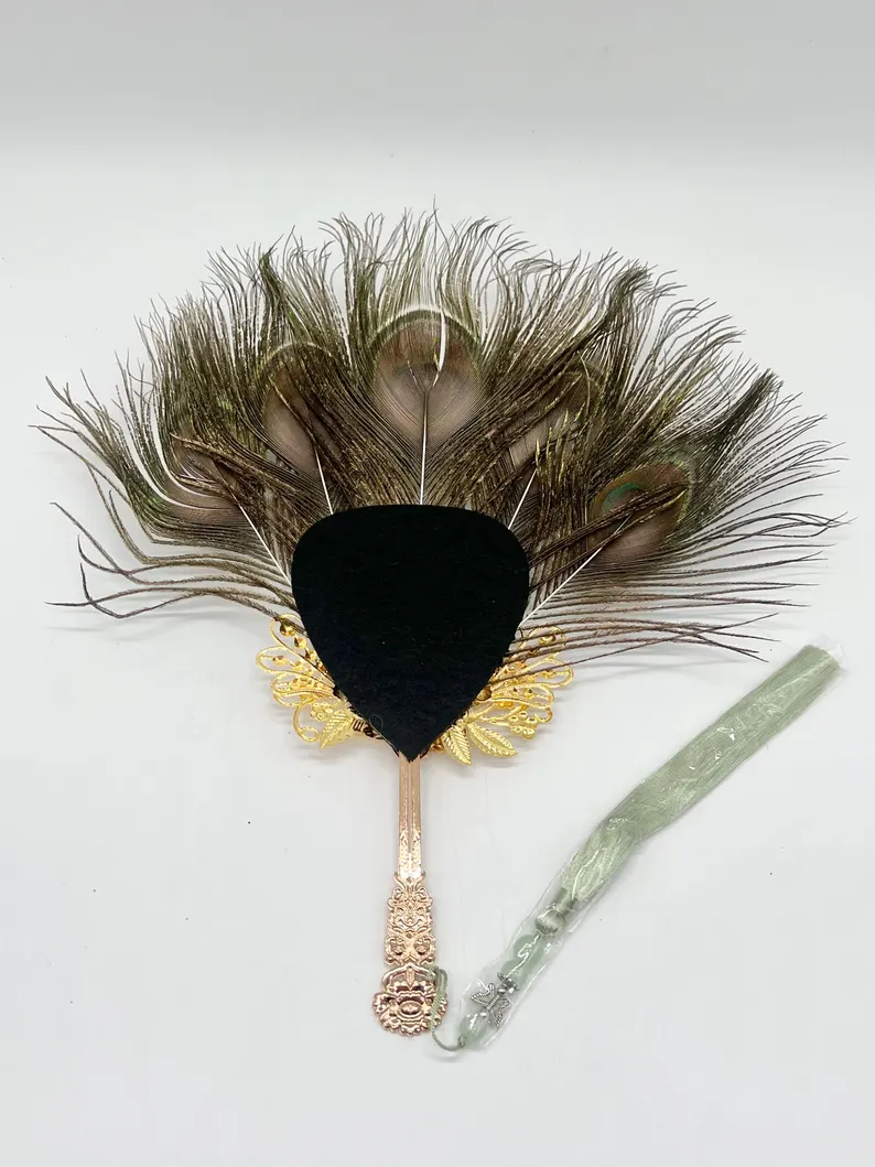 Oshun Peacock Feather Elegant Fan 13” / Abanico Elegante de Oshun 13”