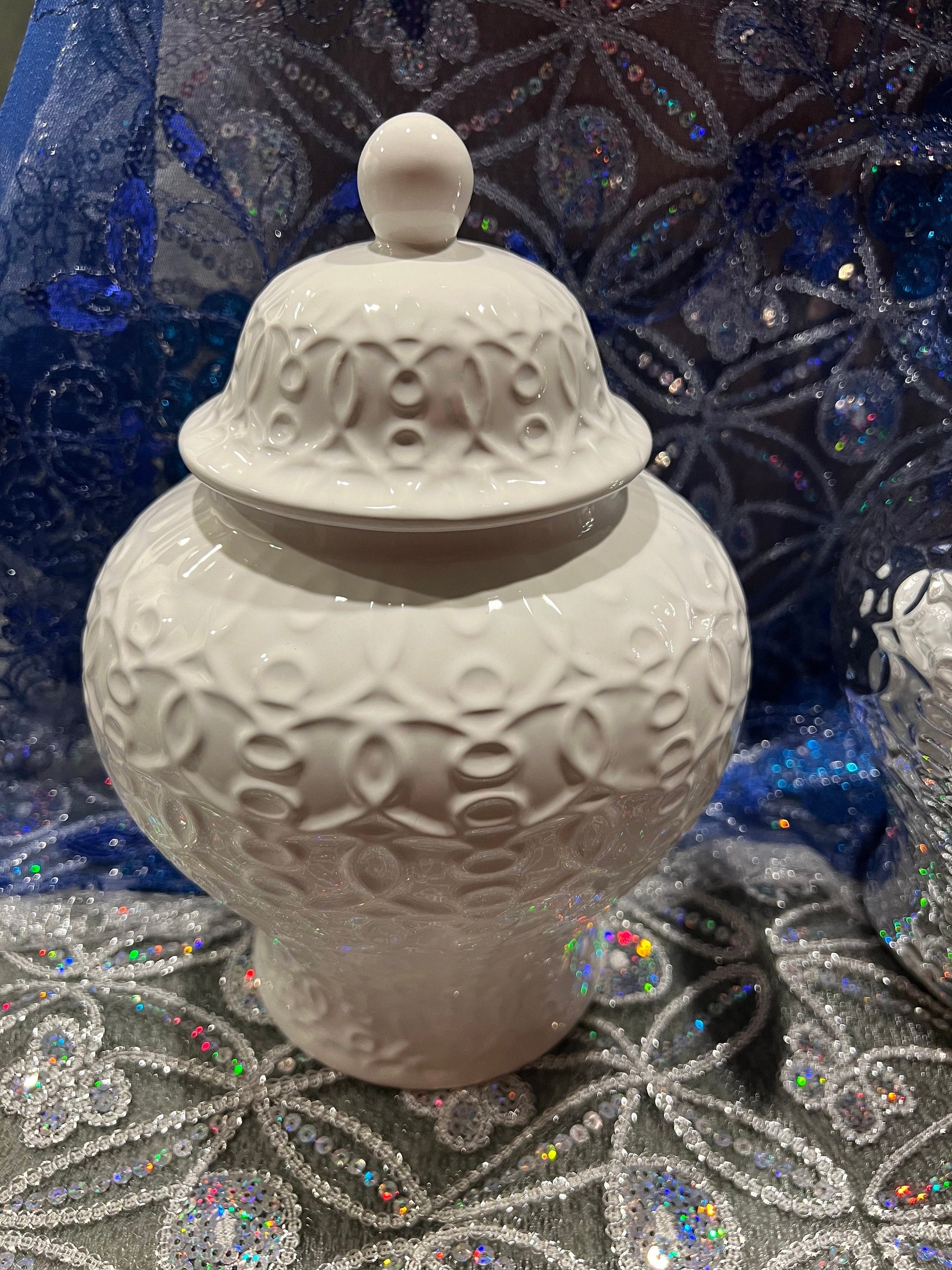Ceramic Orisha Tinaja: Blue, Silver, White Ginger Jar