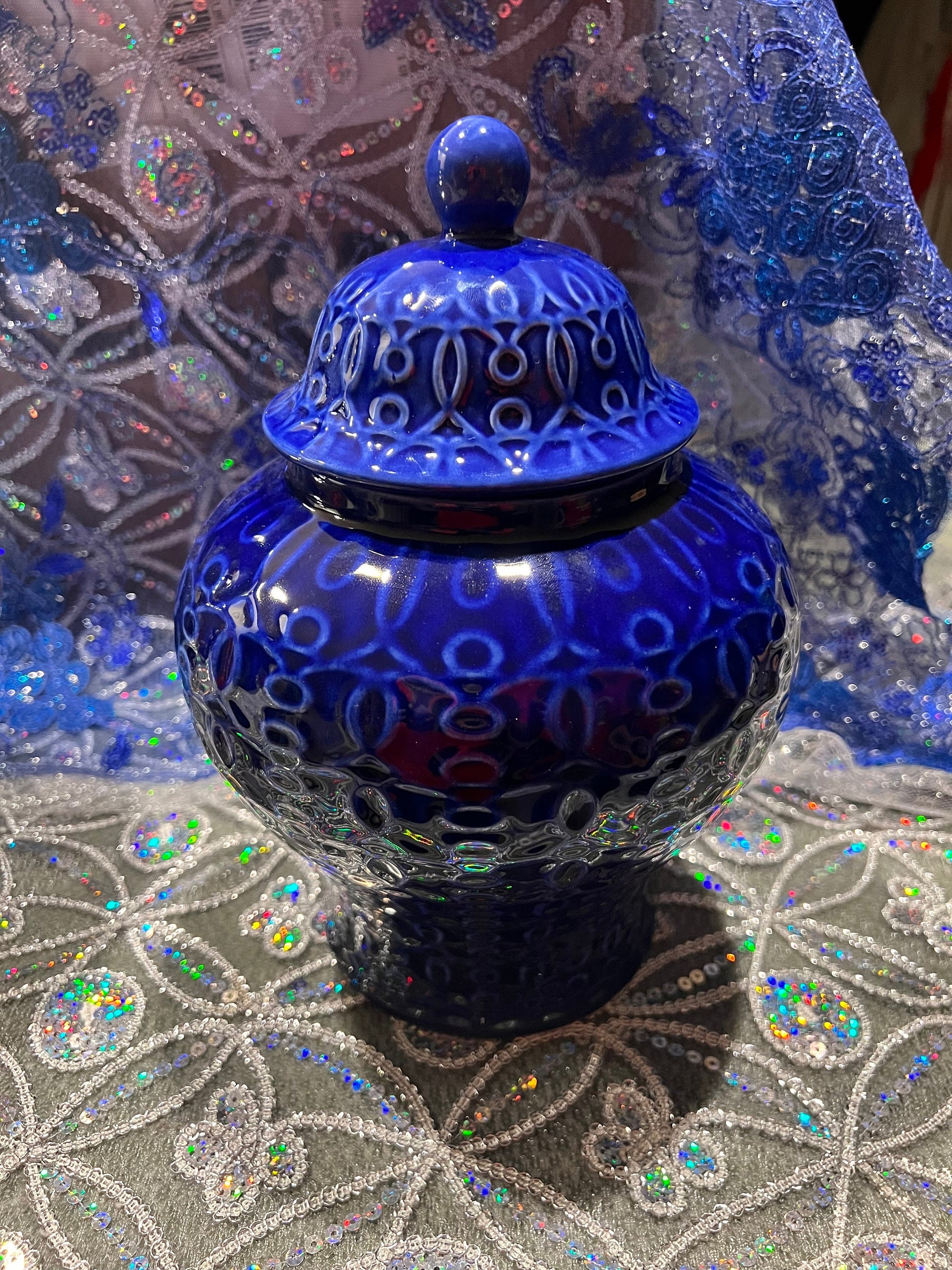 Ceramic Orisha Tinaja: Blue, Silver, White Ginger Jar