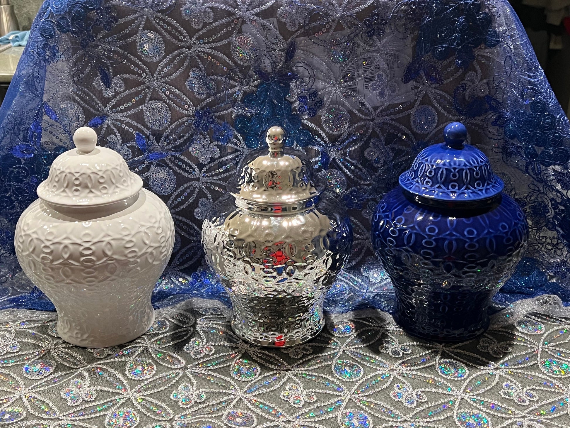 Ceramic Orisha Tinaja: Blue, Silver, White Ginger Jar