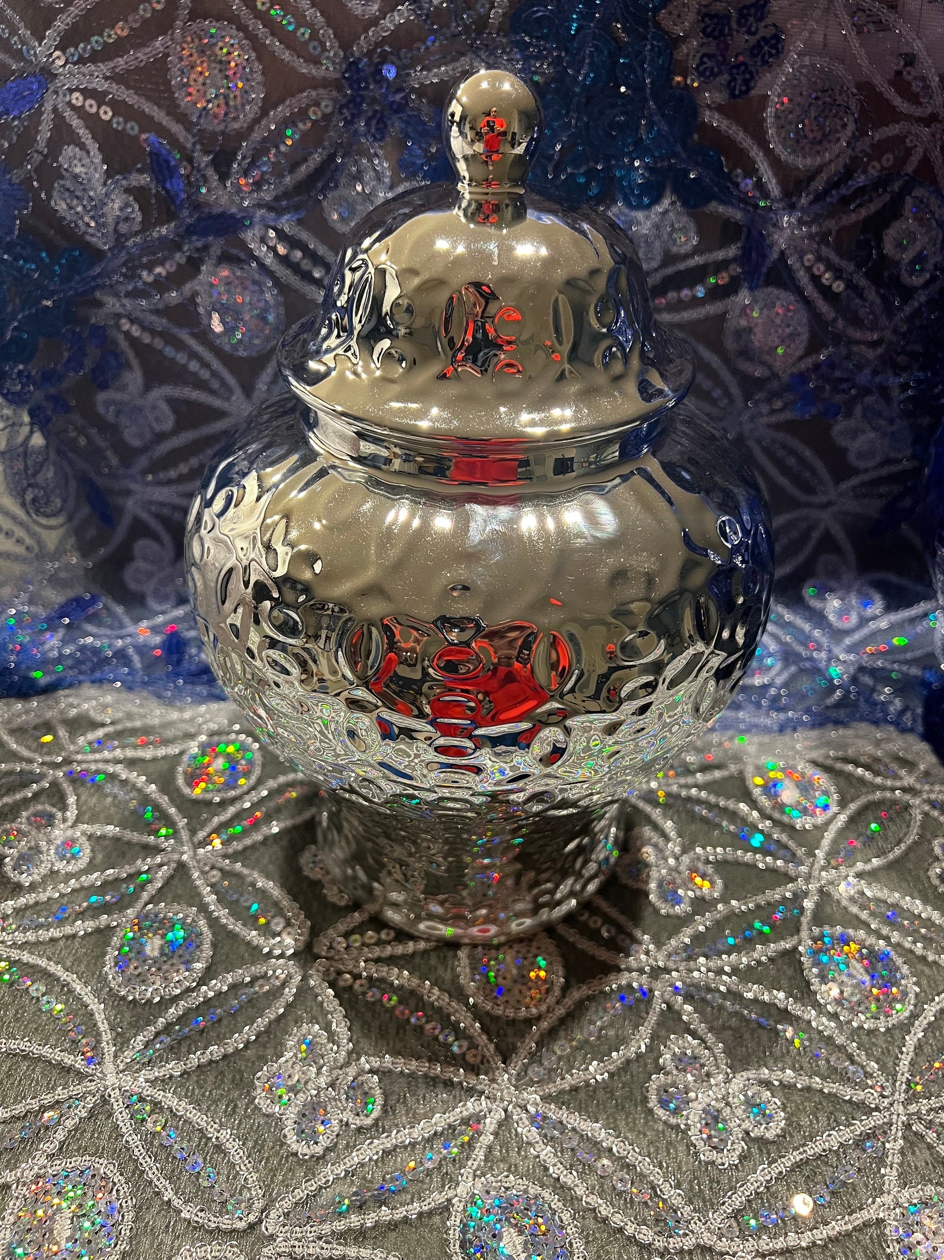 Ceramic Orisha Tinaja: Blue, Silver, White Ginger Jar