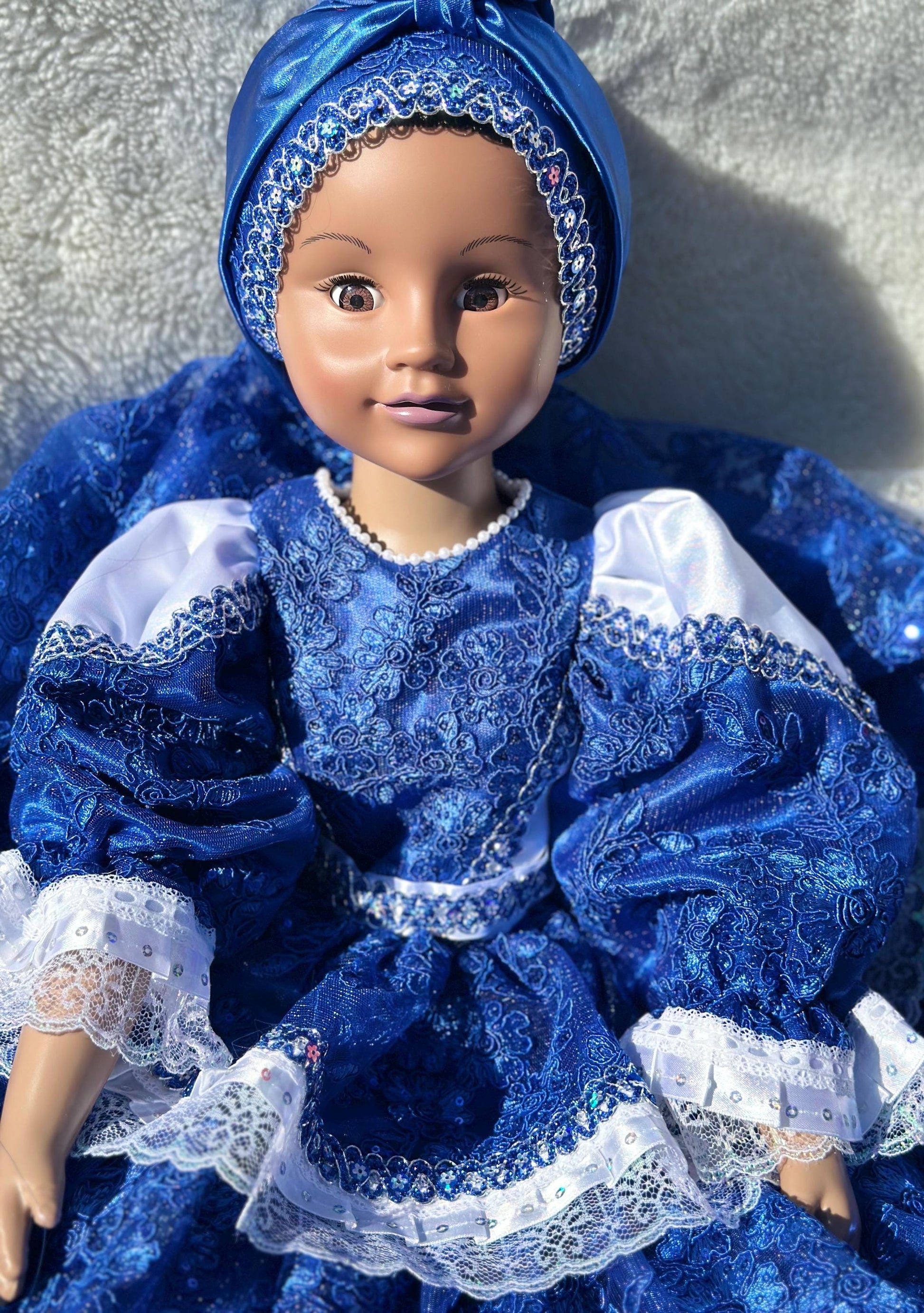 32" Yemaya Doll: Blue Dress, Bloomer & Turban